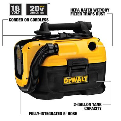 DEWALT DCV581H 18-Volt/20-Volt MAX Lithium-Ion 2-Gallon Cordless/Corded HEPA Wet/Dry Vacuum