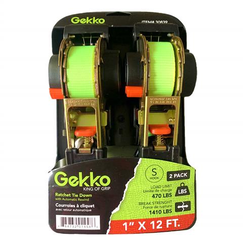 Gekko AH-003C 1 in. x 12 ft. 470 lb. Working Load Limit Spring Retractable Ratchet Tie Down Strap with S-Hooks (2-Pack)