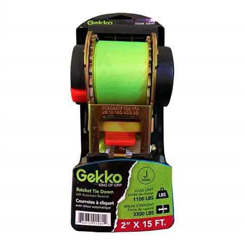 Gekko AH-606 2 in. x 15 ft. 1,100 lb. Working Load Limit Spring Retractable Ratchet Tie Down Strap with J-Hooks