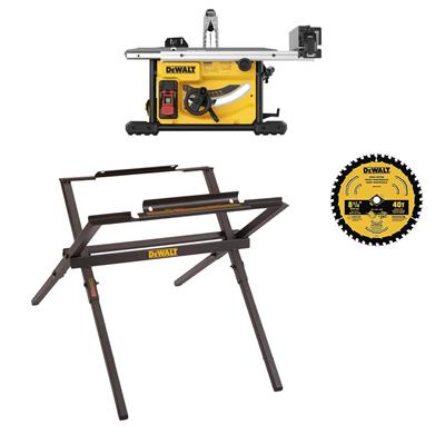 DEWALT DWE7485+DW7451+DWA181440 8-1/4 in. Compact Jobsite Table Saw with Stand and Blade