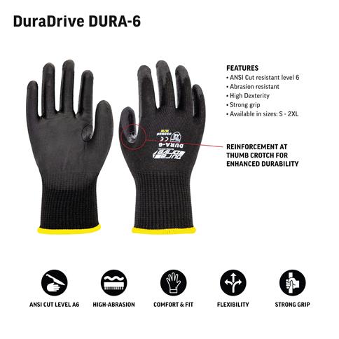 DuraDrive DURA-6 PU Knitted ANSI A6-Cut Resistant Work Gloves