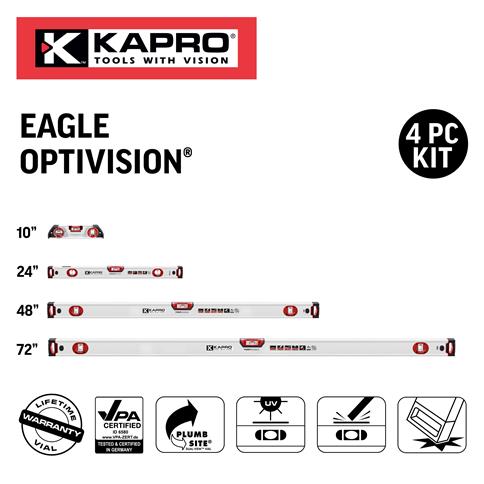 Kapro 10" Optivision Torpedo Eagle Box Level, 24", 48", 72" 4 Piece Set